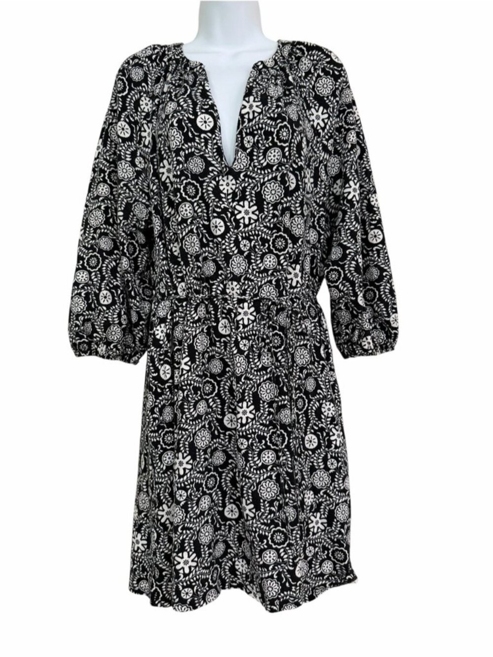 Boden Black White Cotton Floral Mini Dress Size 14 Knit V-neckline Peasant